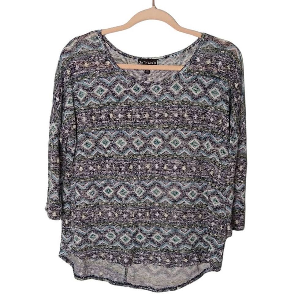 KRISTIN‎ NICOLE Womens L Gray White Blue Knit Top Blouse Boho Tribal Relaxed